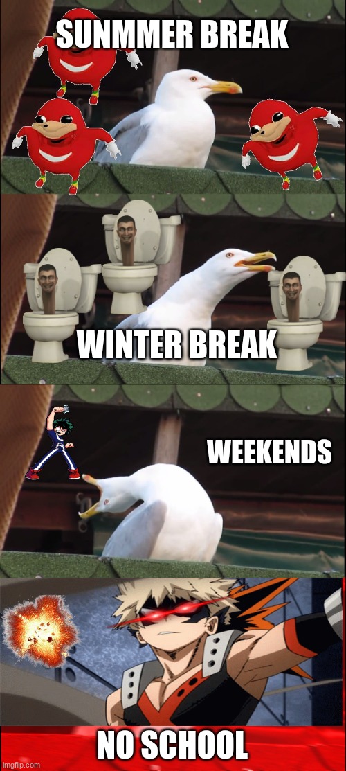 Inhaling Seagull Meme | SUNMMER BREAK; WINTER BREAK; WEEKENDS; NO SCHOOL | image tagged in memes,inhaling seagull | made w/ Imgflip meme maker