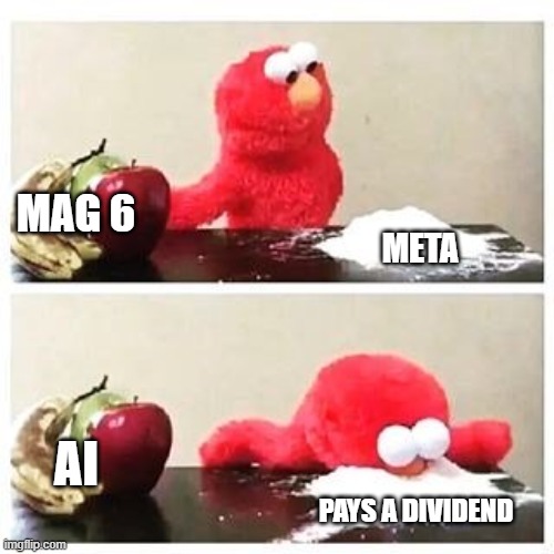 elmo and Meta | MAG 6; META; AI; PAYS A DIVIDEND | image tagged in elmo cocaine | made w/ Imgflip meme maker