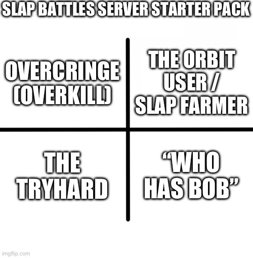 And so the journey begins | SLAP BATTLES SERVER STARTER PACK; THE ORBIT USER / SLAP FARMER; OVERCRINGE (OVERKILL); THE TRYHARD; “WHO HAS BOB” | image tagged in memes,blank starter pack,roblox,slap battles,so true,you have been eternally cursed for reading the tags | made w/ Imgflip meme maker
