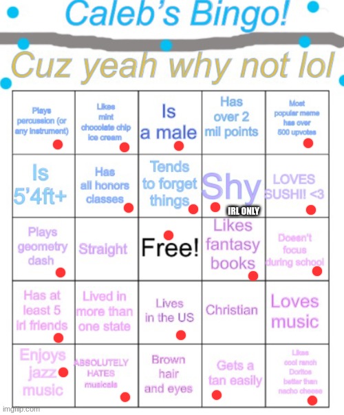 wtf, how so many | IRL ONLY | image tagged in caleb s bingo | made w/ Imgflip meme maker