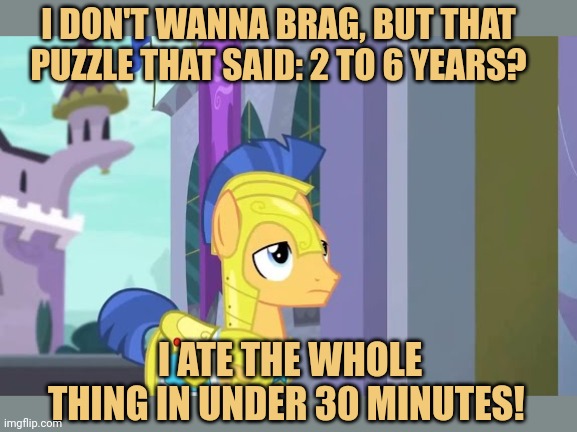 I DON'T WANNA BRAG, BUT THAT PUZZLE THAT SAID: 2 TO 6 YEARS? I ATE THE WHOLE THING IN UNDER 30 MINUTES! | image tagged in i am speed,flash sentry,mlp,dumb | made w/ Imgflip meme maker