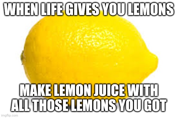 Ain't that a good idea? | WHEN LIFE GIVES YOU LEMONS; MAKE LEMON JUICE WITH ALL THOSE LEMONS YOU GOT | image tagged in when life gives you lemons x | made w/ Imgflip meme maker