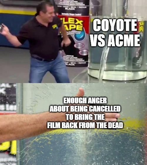 IDK what to put here | COYOTE VS ACME; ENOUGH ANGER ABOUT BEING CANCELLED TO BRING THE FILM BACK FROM THE DEAD | image tagged in flex tape | made w/ Imgflip meme maker