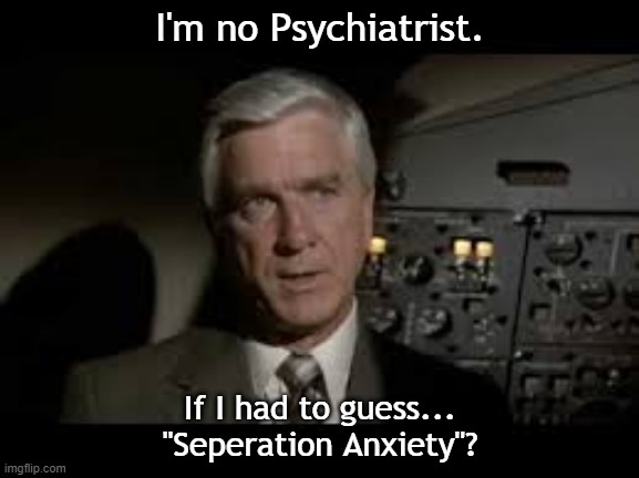 I'm no Psychiatrist. If I had to guess... "Seperation Anxiety"? | made w/ Imgflip meme maker