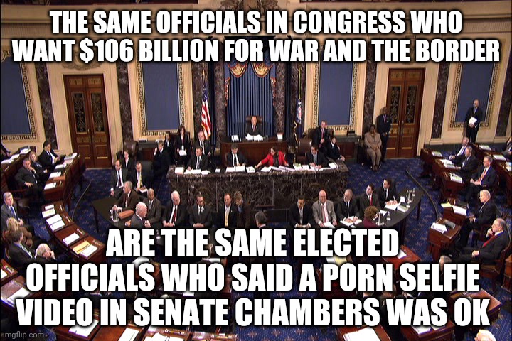 Lefty Policies. Again. | THE SAME OFFICIALS IN CONGRESS WHO WANT $106 BILLION FOR WAR AND THE BORDER; ARE THE SAME ELECTED OFFICIALS WHO SAID A PORN SELFIE VIDEO IN SENATE CHAMBERS WAS OK | image tagged in senate floor,leftists,liberals | made w/ Imgflip meme maker