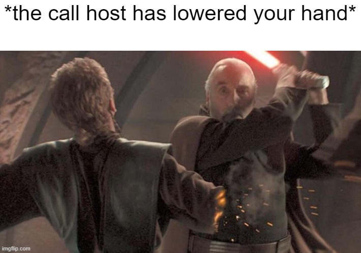 online courses go crazy | *the call host has lowered your hand* | image tagged in prequel meme | made w/ Imgflip meme maker