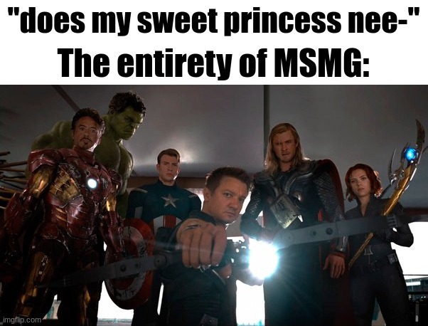 literally everybody | "does my sweet princess nee-"; The entirety of MSMG: | made w/ Imgflip meme maker