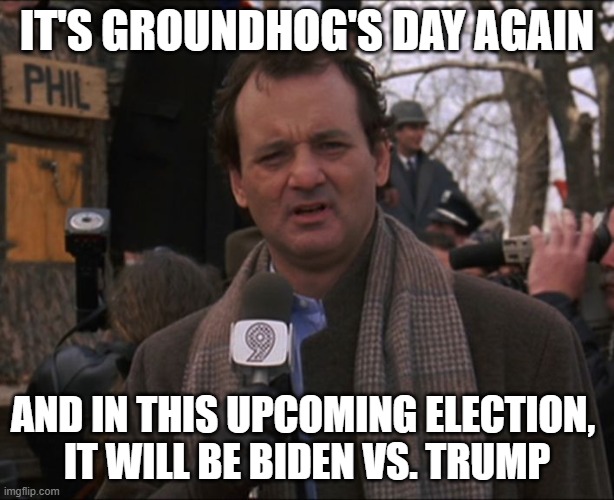 Bill Murray Groundhog Day | IT'S GROUNDHOG'S DAY AGAIN; AND IN THIS UPCOMING ELECTION, 
IT WILL BE BIDEN VS. TRUMP | image tagged in bill murray groundhog day | made w/ Imgflip meme maker