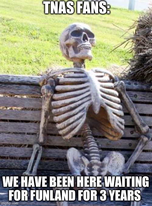 TNAS fans rip | TNAS FANS:; WE HAVE BEEN HERE WAITING FOR FUNLAND FOR 3 YEARS | image tagged in memes,waiting skeleton | made w/ Imgflip meme maker