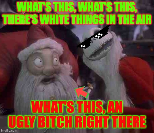 Ugly Bitch | WHAT'S THIS, WHAT'S THIS, THERE'S WHITE THINGS IN THE AIR; WHAT'S THIS, AN UGLY BITCH RIGHT THERE | image tagged in sandy claws jack skellington | made w/ Imgflip meme maker