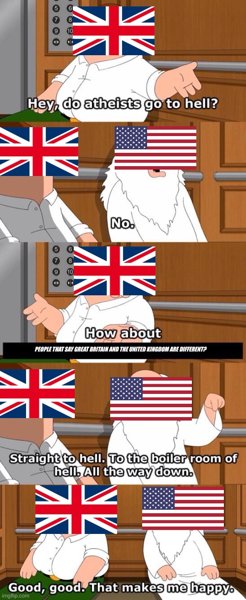 The boiler room of hell | PEOPLE THAT SAY GREAT BRITAIN AND THE UNITED KINGDOM ARE DIFFERENT? | image tagged in the boiler room of hell | made w/ Imgflip meme maker