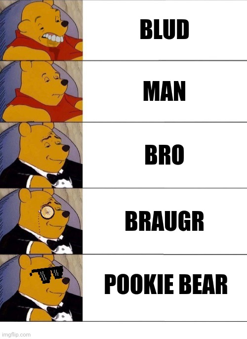 Winnie the Pooh v.20 | BLUD; MAN; BRO; BRAUGR; POOKIE BEAR | image tagged in winnie the pooh v 20 | made w/ Imgflip meme maker