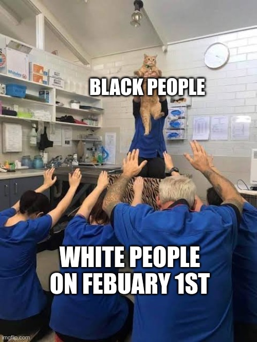 People Worshipping The Cat | BLACK PEOPLE; WHITE PEOPLE ON FEBUARY 1ST | image tagged in people worshipping the cat | made w/ Imgflip meme maker