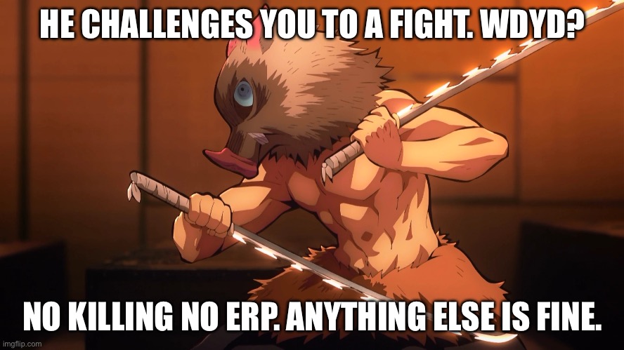 Demon Slayer Inosuke | HE CHALLENGES YOU TO A FIGHT. WDYD? NO KILLING NO ERP. ANYTHING ELSE IS FINE. | image tagged in demon slayer inosuke | made w/ Imgflip meme maker