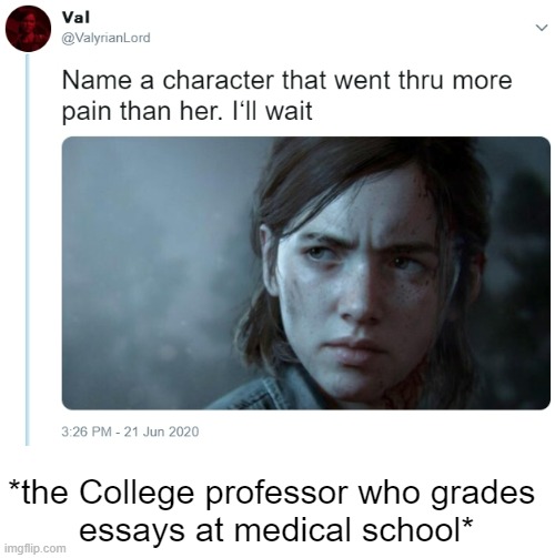 Hint: Doctors have bad handwriting | *the College professor who grades 
essays at medical school* | image tagged in name one character who went through more pain than her,memes,medical school,doctor,professor,handwriting | made w/ Imgflip meme maker