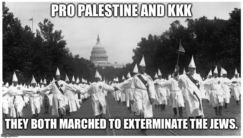 kkk washington | PRO PALESTINE AND KKK THEY BOTH MARCHED TO EXTERMINATE THE JEWS. | image tagged in kkk washington | made w/ Imgflip meme maker