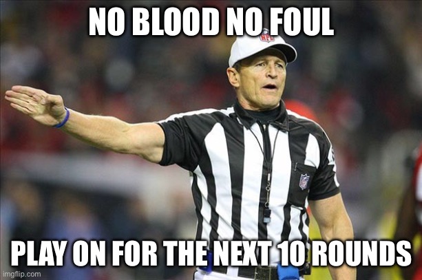 Referee  | NO BLOOD NO FOUL; PLAY ON FOR THE NEXT 10 ROUNDS | image tagged in referee | made w/ Imgflip meme maker