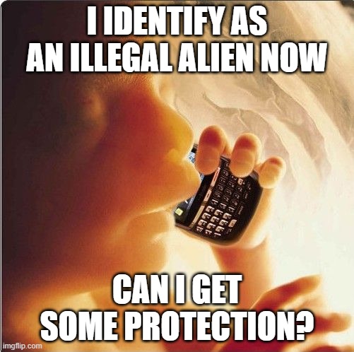 Baby in womb on cell phone - fetus blackberry | I IDENTIFY AS AN ILLEGAL ALIEN NOW; CAN I GET SOME PROTECTION? | image tagged in baby in womb on cell phone - fetus blackberry | made w/ Imgflip meme maker