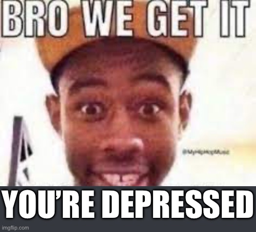 @Insanity I’m sorry but I wanna see memes not vents about how living sucks | YOU’RE DEPRESSED | image tagged in bro we get it your gay | made w/ Imgflip meme maker