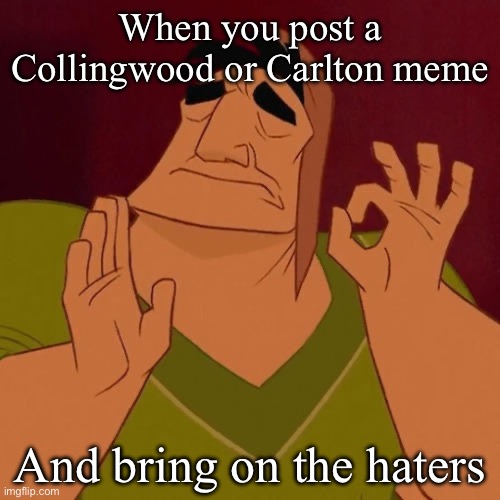 When X just right | When you post a Collingwood or Carlton meme; And bring on the haters | image tagged in when x just right | made w/ Imgflip meme maker