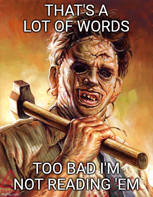 Leatherface DGAF | THAT'S A LOT OF WORDS; TOO BAD I'M NOT READING 'EM | image tagged in leatherface | made w/ Imgflip meme maker