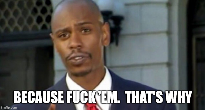 Dave chappelle | BECAUSE FUCK 'EM.  THAT'S WHY | image tagged in dave chappelle | made w/ Imgflip meme maker