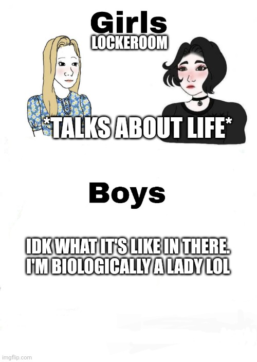 Boys vs girls meme 2 | LOCKEROOM; *TALKS ABOUT LIFE*; IDK WHAT IT'S LIKE IN THERE. I'M BIOLOGICALLY A LADY LOL | image tagged in girls vs boys | made w/ Imgflip meme maker