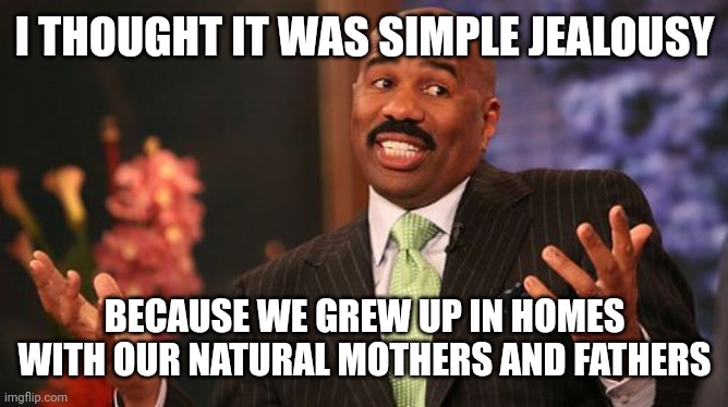 Steve Harvey Meme | I THOUGHT IT WAS SIMPLE JEALOUSY BECAUSE WE GREW UP IN HOMES WITH OUR NATURAL MOTHERS AND FATHERS | image tagged in memes,steve harvey | made w/ Imgflip meme maker