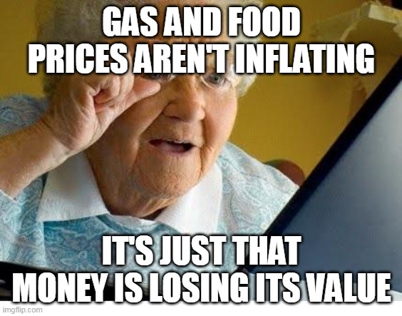 Prices aren't inflating money is just losing its value | GAS AND FOOD PRICES AREN'T INFLATING; IT'S JUST THAT MONEY IS LOSING ITS VALUE | image tagged in old lady at computer | made w/ Imgflip meme maker