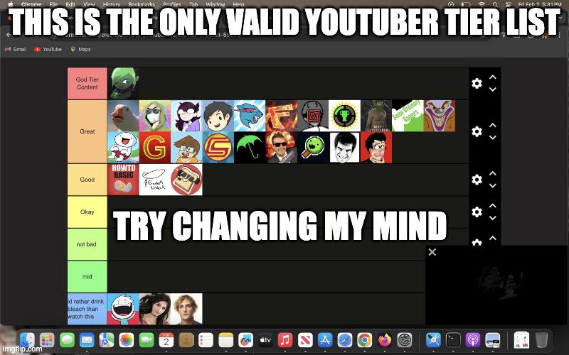 TAKOS YTBER TIER LIST | THIS IS THE ONLY VALID YOUTUBER TIER LIST; TRY CHANGING MY MIND | image tagged in takos ytber tier list | made w/ Imgflip meme maker