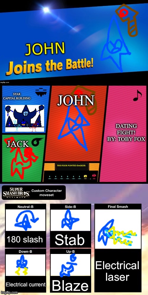 Smash ultimate new fighter template | JOHN; STAR CAPITAL BUILDING; JOHN; DATING FIGHT!
BY: TOBY FOX; JACK; THE FOUR POINTED DAGGER; Stab; 180 slash; Electrical laser; Electrical current; Blaze | image tagged in smash ultimate new fighter template | made w/ Imgflip meme maker