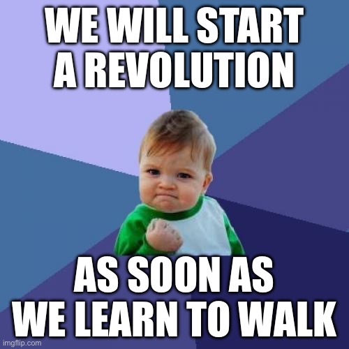 Revolutionary Baby | WE WILL START A REVOLUTION; AS SOON AS WE LEARN TO WALK | image tagged in memes,success kid | made w/ Imgflip meme maker
