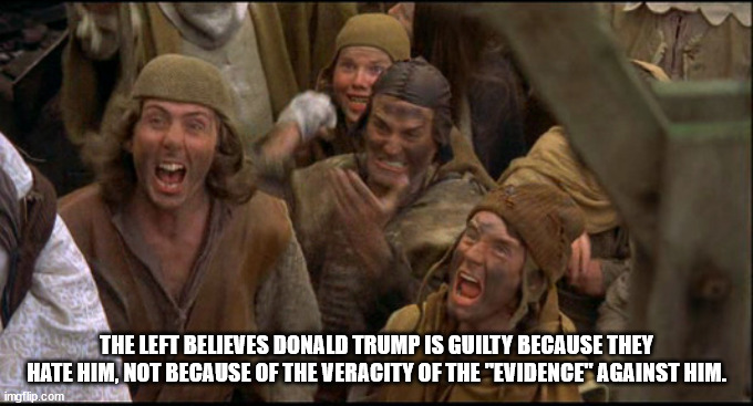 There is no standard of Law that supercedes the Left's rabid hatred for Donald Trump | THE LEFT BELIEVES DONALD TRUMP IS GUILTY BECAUSE THEY HATE HIM, NOT BECAUSE OF THE VERACITY OF THE "EVIDENCE" AGAINST HIM. | image tagged in monty python witch,liberal logic | made w/ Imgflip meme maker
