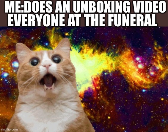 whats up guy, today we are unboxing this coffin | ME:DOES AN UNBOXING VIDEO; EVERYONE AT THE FUNERAL | image tagged in mind blown cat | made w/ Imgflip meme maker
