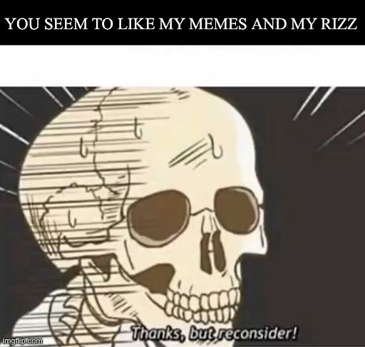 Thanks But Reconsider | YOU SEEM TO LIKE MY MEMES AND MY RIZZ | image tagged in thanks but reconsider | made w/ Imgflip meme maker