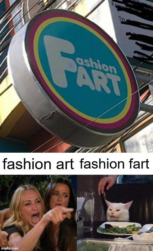 fashion fart | fashion art; fashion fart | image tagged in memes,woman yelling at cat | made w/ Imgflip meme maker