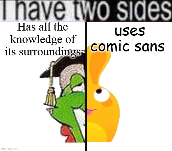 comic sans | Has all the knowledge of its surroundings; uses comic sans | image tagged in i have two sides | made w/ Imgflip meme maker