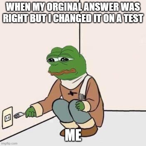 :( | WHEN MY ORGINAL ANSWER WAS RIGHT BUT I CHANGED IT ON A TEST; ME | image tagged in sad pepe suicide | made w/ Imgflip meme maker