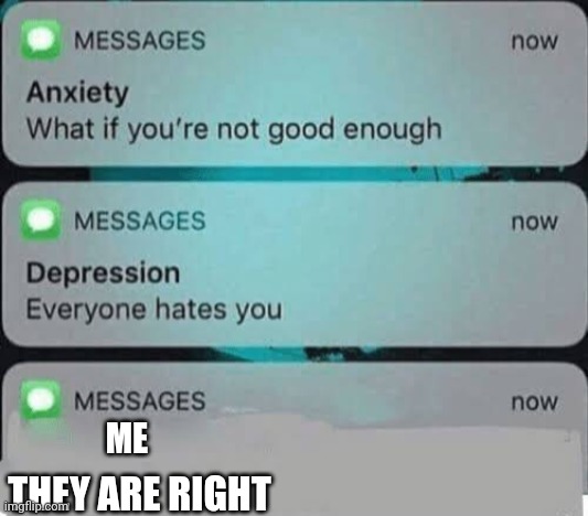 Anxiety/depression texts | ME; THEY ARE RIGHT | image tagged in anxiety/depression texts | made w/ Imgflip meme maker