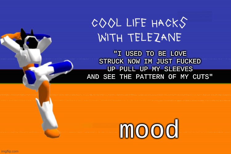 mood | "I USED TO BE LOVE STRUCK NOW IM JUST FUCKED UP PULL UP MY SLEEVES AND SEE THE PATTERN OF MY CUTS"; mood | image tagged in cool life hacks with telezane | made w/ Imgflip meme maker