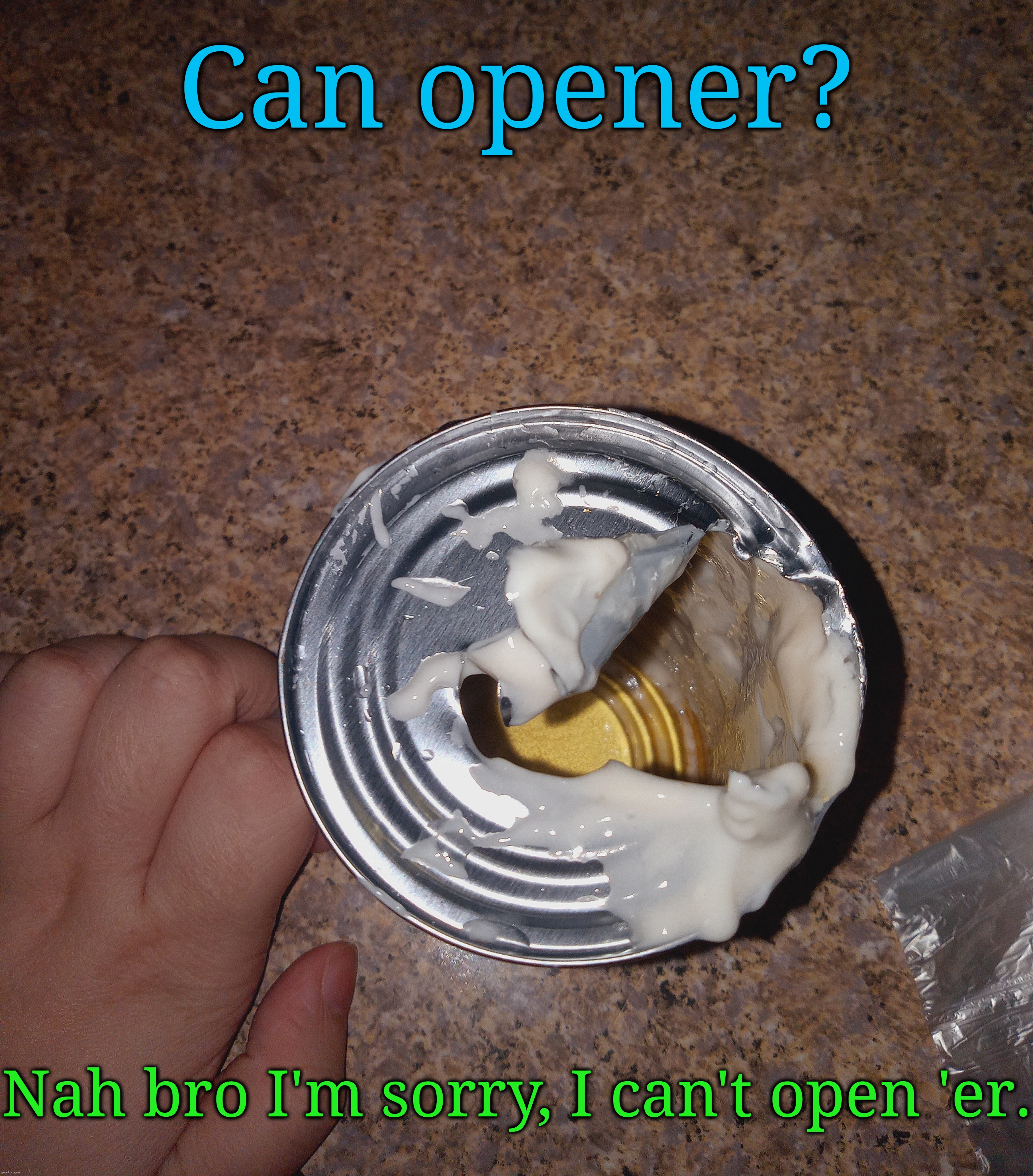 Sorry, bit of a dad joke | Can opener? Nah bro I'm sorry, I can't open 'er. | image tagged in cans,soup,can opener,the struggle is real | made w/ Imgflip meme maker