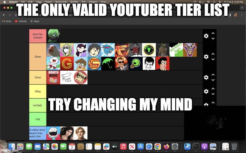 TAKOS YTBER TIER LIST | THE ONLY VALID YOUTUBER TIER LIST; TRY CHANGING MY MIND | image tagged in takos ytber tier list | made w/ Imgflip meme maker