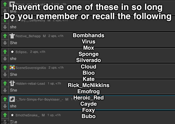 she | havent done one of these in so long
Do you remember or recall the following; Bombhands
Virus
Mox
Sponge
Silverado
Cloud
Bloo
Kate
Rick_McNikkins
Emofrog
Heroic_Red
Cayde
Foxy
Bubo | image tagged in she | made w/ Imgflip meme maker