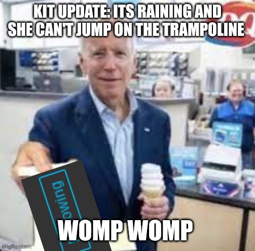 god dont like kit | KIT UPDATE: ITS RAINING AND SHE CAN'T JUMP ON THE TRAMPOLINE; WOMP WOMP | image tagged in joe biden following | made w/ Imgflip meme maker