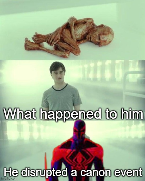 need me me ideas. help | What happened to him; He disrupted a canon event | image tagged in dead baby voldemort / what happened to him,harry potter,spiderman,canon,spiderverse,memes | made w/ Imgflip meme maker