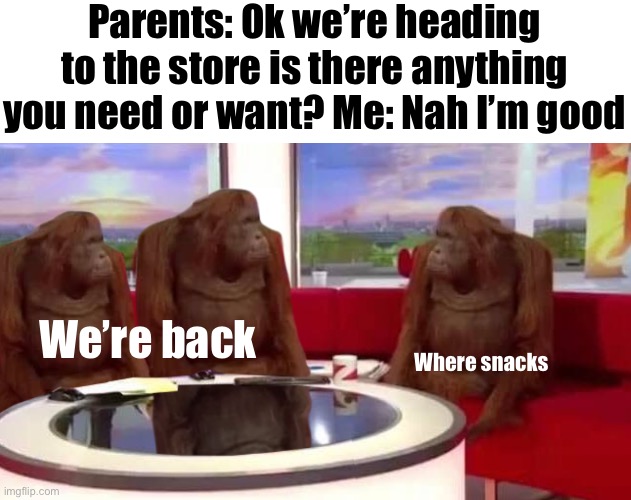 I hate it when that happens | Parents: Ok we’re heading to the store is there anything you need or want? Me: Nah I’m good; We’re back; Where snacks | image tagged in where monkey | made w/ Imgflip meme maker