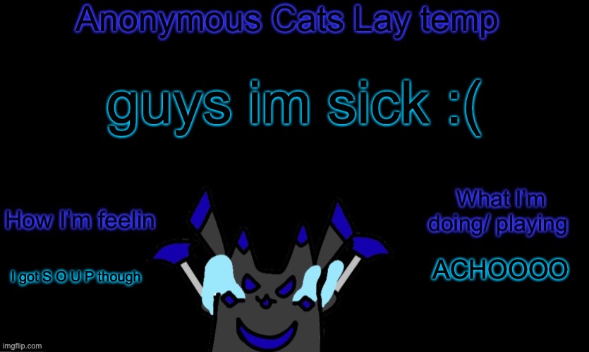 aaaaaaaa | guys im sick :(; ACHOOOO; I got S O U P though | image tagged in anonymous cats temp template | made w/ Imgflip meme maker