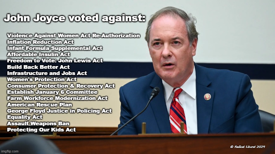 John Joyce Voted Against: Volume I | John Joyce voted against:; Violence Against Women Act Re-Authorization
Inflation Reduction Act
Infant Formula Supplemental Act
Affordable Insulin Act
Freedom to Vote: John Lewis Act
Build Back Better Act
Infrastructure and Jobs Act
Women's Protection Act
Consumer Protection & Recovery Act
Establish January 6 Committee
Farm Workforce Modernization Act
American Rescue Plan
George Floyd Justice in Policing Act
Equality Act
Assault Weapons Ban
Protecting Our Kids Act; © Radical Liberal 2024 | image tagged in john joyce,republican,traitor,shifferbrains,fascist | made w/ Imgflip meme maker