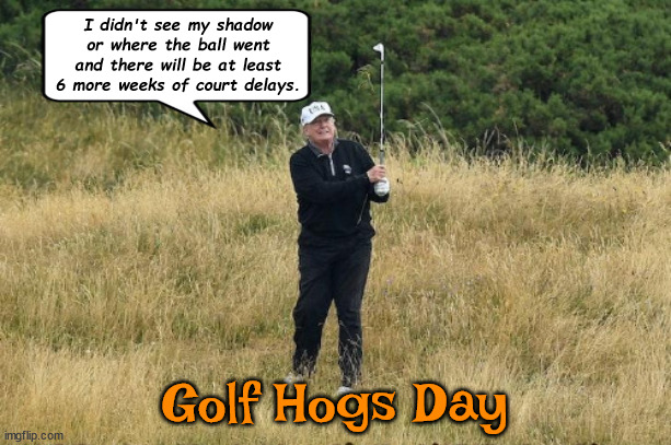Golf Hogs Day | I didn't see my shadow or where the ball went and there will be at least 6 more weeks of court delays. Golf Hogs Day | image tagged in groundhog day,trumphogs day,golf cheat,6 more weeks of court delays,maga morron | made w/ Imgflip meme maker