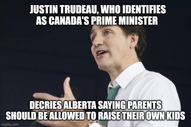 This. Trans. Shit. Has. Got. To. Stop. | JUSTIN TRUDEAU, WHO IDENTIFIES AS CANADA'S PRIME MINISTER; DECRIES ALBERTA SAYING PARENTS SHOULD BE ALLOWED TO RAISE THEIR OWN KIDS | image tagged in fidel castro,meanwhile in canada,rainbow,mafia | made w/ Imgflip meme maker